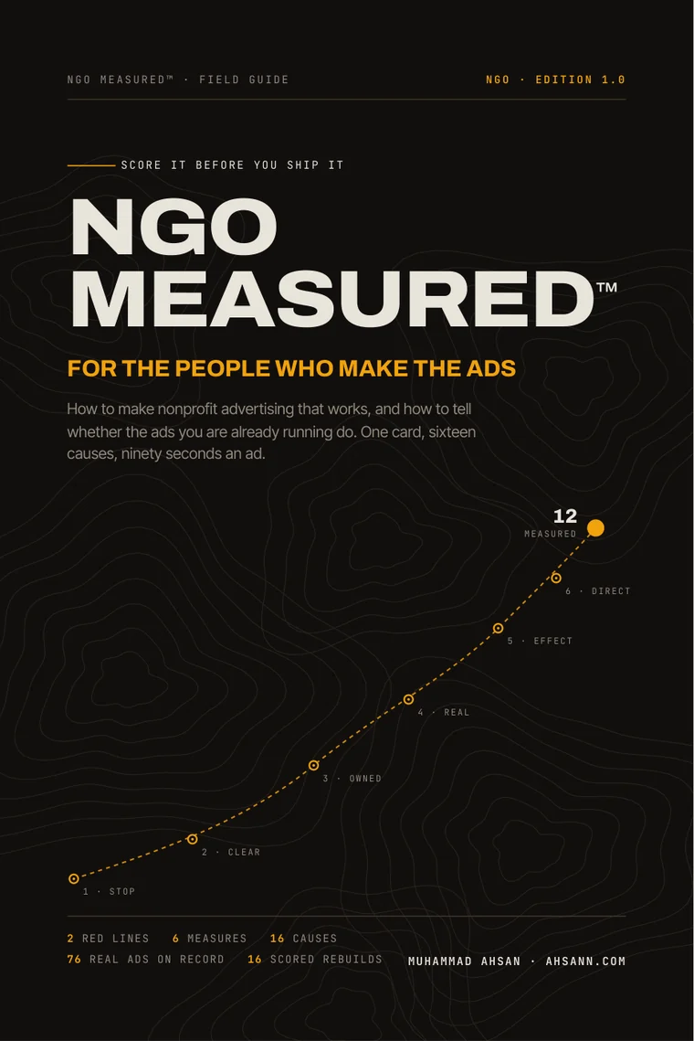 The cover of NGO Measured, the nonprofit advertising field guide, by Muhammad Ahsan