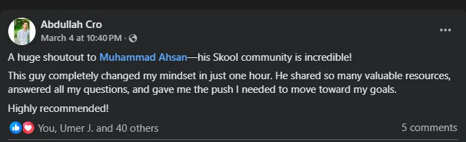Testimonial post from Abdullah about being mentored by Muhammad Ahsan