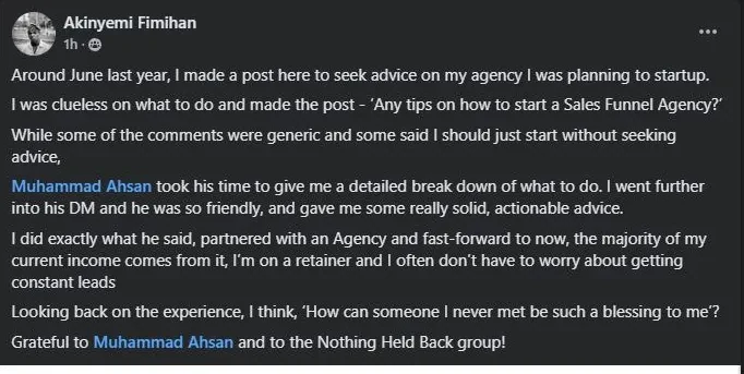Testimonial post from Akinyemi Fimihan about being mentored by Muhammad Ahsan