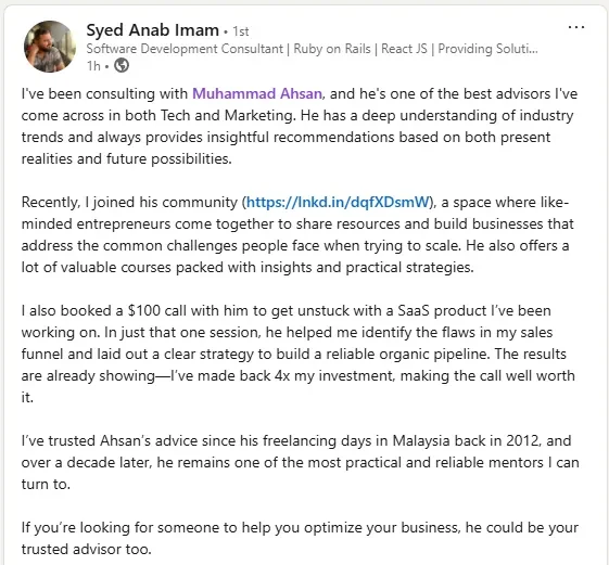 Testimonial post from Syed Anab Imam about being mentored by Muhammad Ahsan