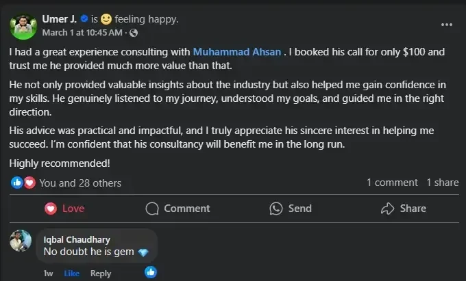 Testimonial post from Umer J about being mentored by Muhammad Ahsan