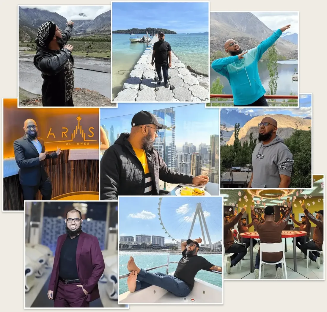 A collage of Muhammad Ahsan speaking, travelling and working across Pakistan, Dubai and Malaysia